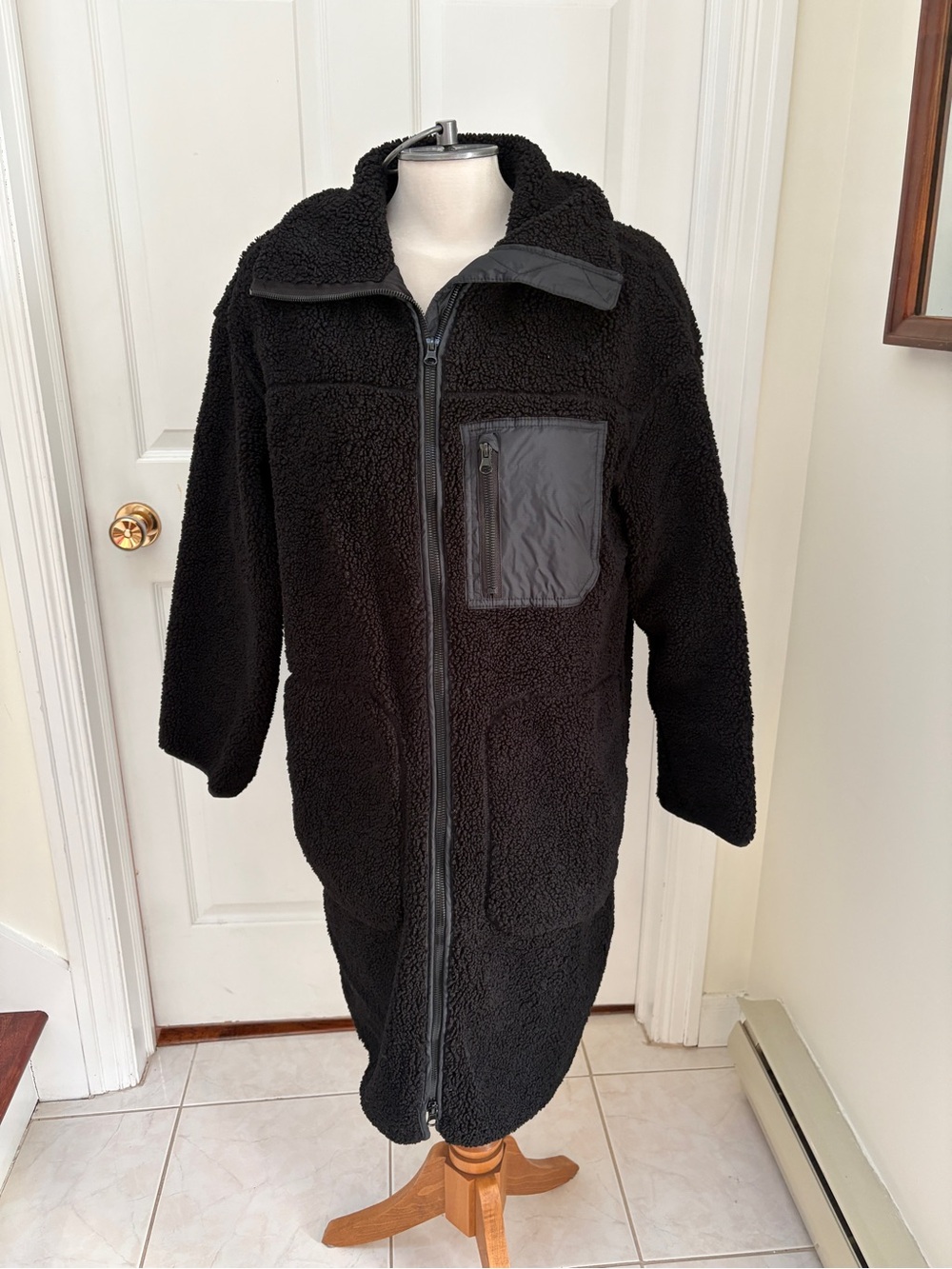 H&M Black Teddy Sherpa Zip-Front Long Jacket